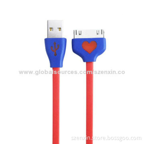 Heart-shaped USB Data Sync Charger Cable, Flat LED Light for iPhone 4/4s